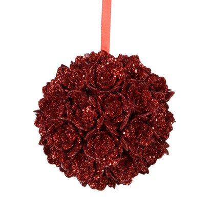 Glob de Craciun, cu flori, Ø 10 cm, rosu cu sclipici