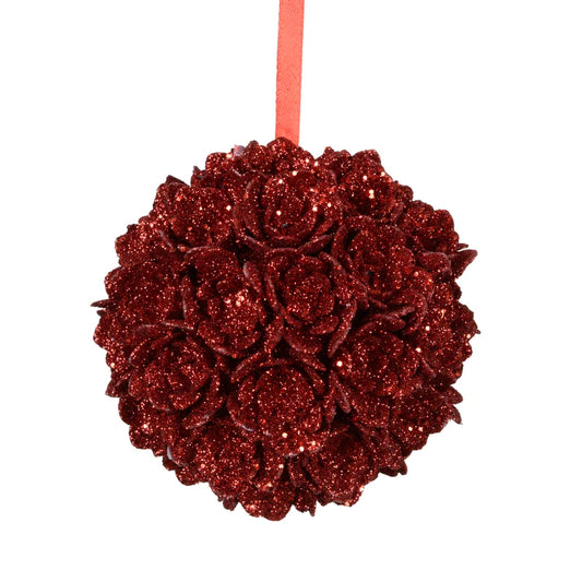 Glob de Craciun, cu flori, Ø 10 cm, rosu cu sclipici