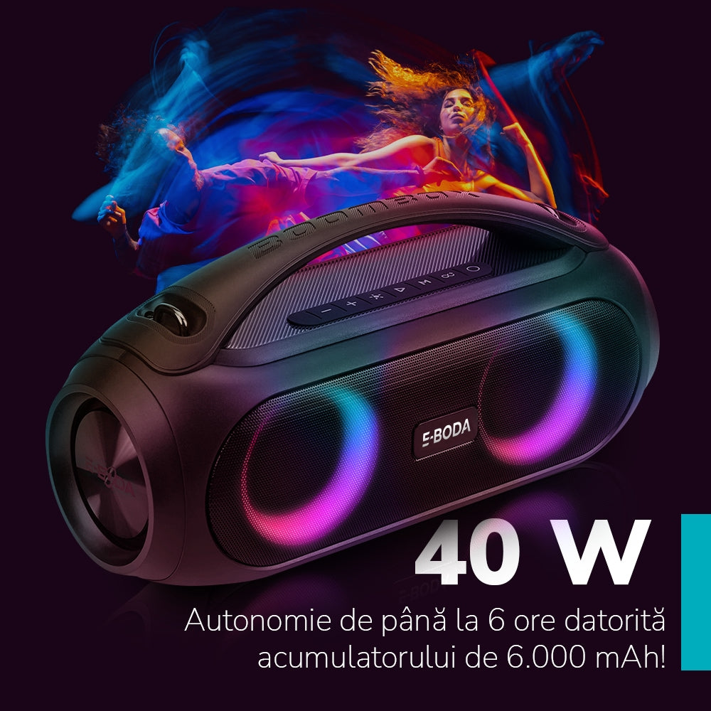 Boxa portabila E-BODA The Vibe 410, Bluetooth, USB, Radio FM, IPX5, negru