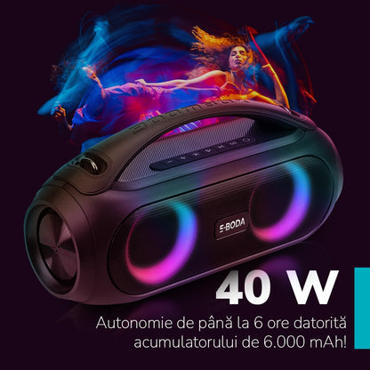 Boxa portabila E-BODA The Vibe 410, Bluetooth, USB, Radio FM, IPX5, negru
