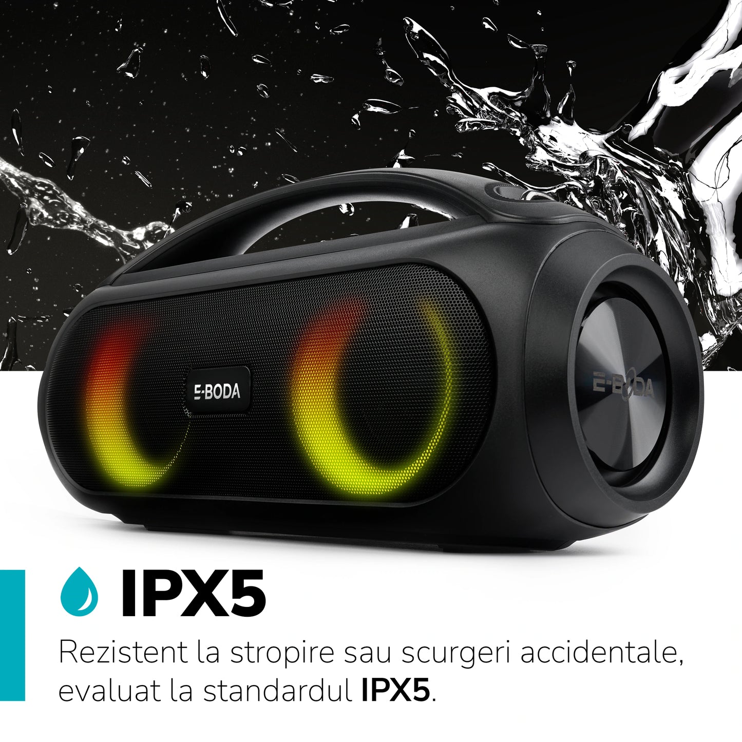 Boxa portabila E-BODA The Vibe 410, Bluetooth, USB, Radio FM, IPX5, negru