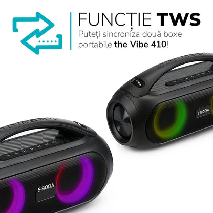 Boxa portabila E-BODA The Vibe 410, Bluetooth, USB, Radio FM, IPX5, negru
