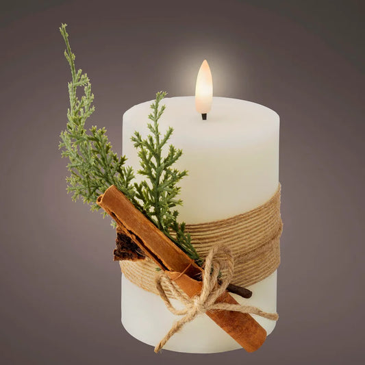 Decoratiune Craciun, lumanare din ceara cu LED, model frunze, H 13 cm, crem