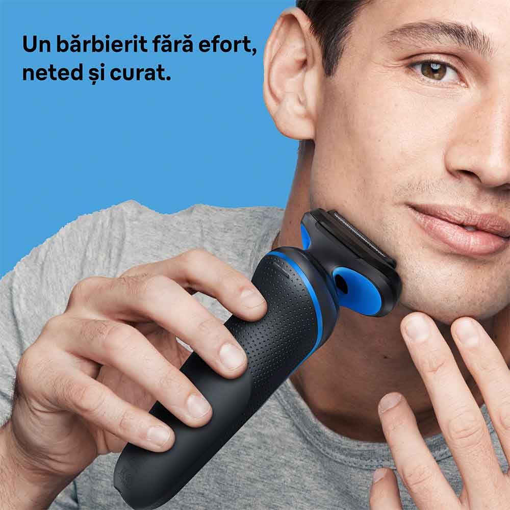 Aparat de ras BRAUN Series 5 51-B1000s, Wet&Dry, AutoSense, Easy Click, autonomie 50 min, 3 elemente de taiere, negru-albastru