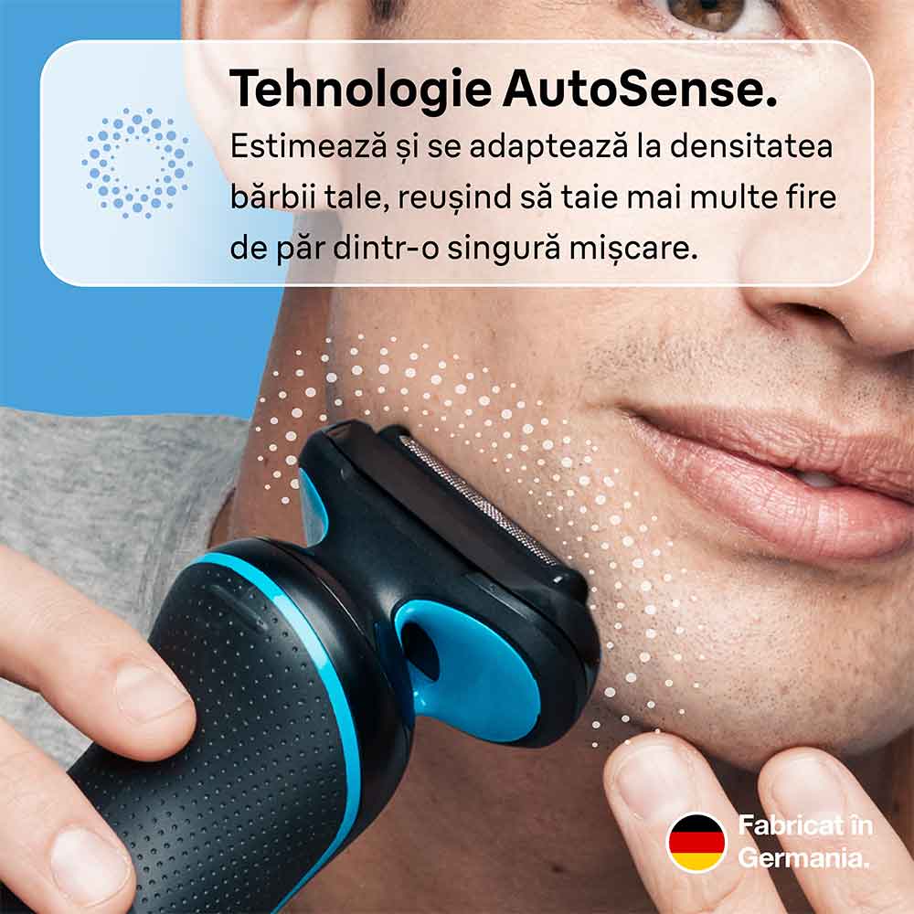 Aparat de ras BRAUN Series 5 51-B1000s, Wet&Dry, AutoSense, Easy Click, autonomie 50 min, 3 elemente de taiere, negru-albastru