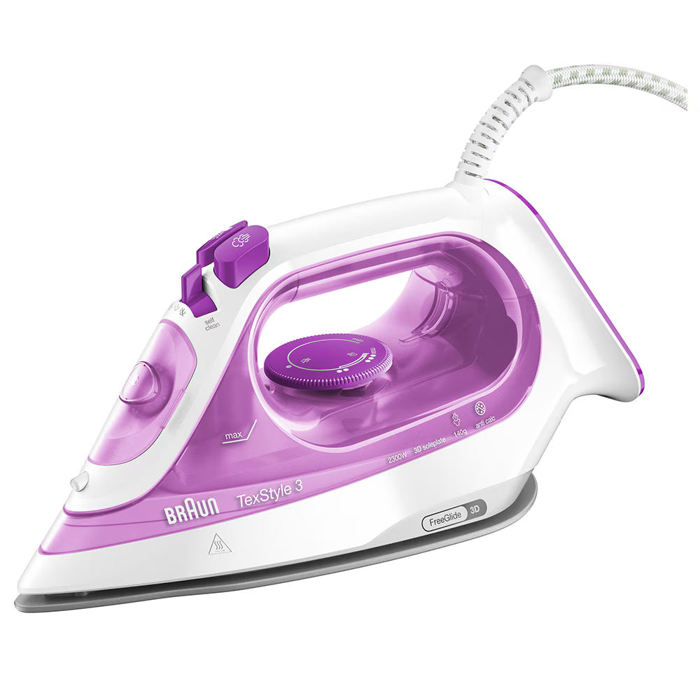 Fier de calcat BRAUN TexStyle 3 SI3030PU, 2300W, 140g/min, 270ml, talpa SuperCeramic, mov-alb