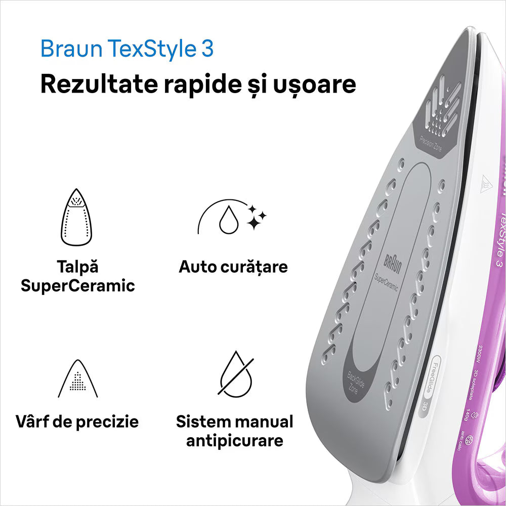Fier de calcat BRAUN TexStyle 3 SI3030PU, 2300W, 140g/min, 270ml, talpa SuperCeramic, mov-alb