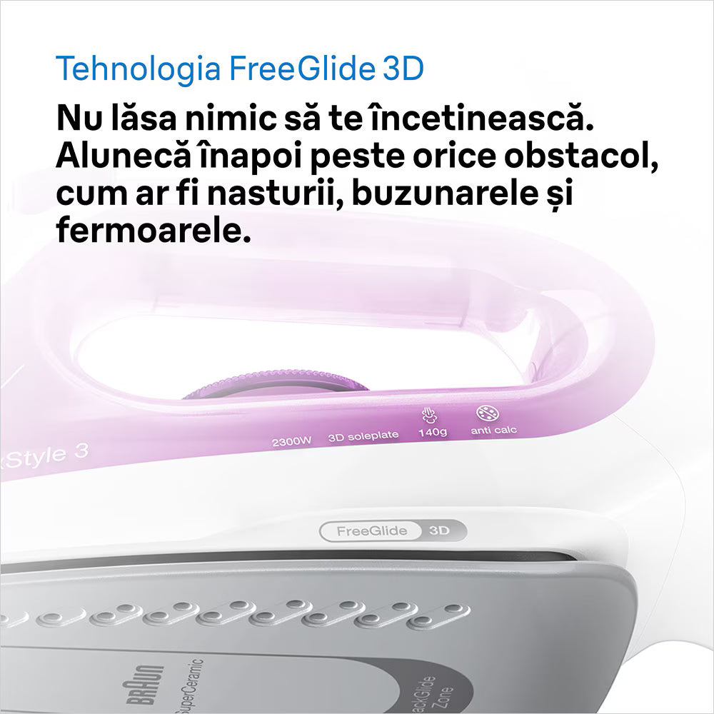 Fier de calcat BRAUN TexStyle 3 SI3030PU, 2300W, 140g/min, 270ml, talpa SuperCeramic, mov-alb