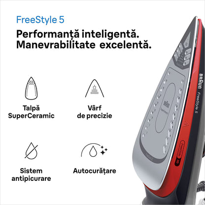 Fier de calcat BRAUN FreeStyle 5 SI5057RD, 2700W, 220g/min, 300ml, talpa SuperCeramic, rosu-negru