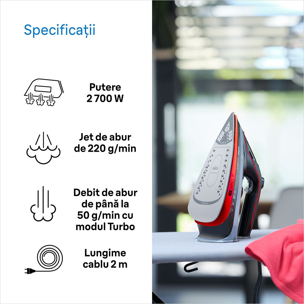 Fier de calcat BRAUN FreeStyle 5 SI5057RD, 2700W, 220g/min, 300ml, talpa SuperCeramic, rosu-negru