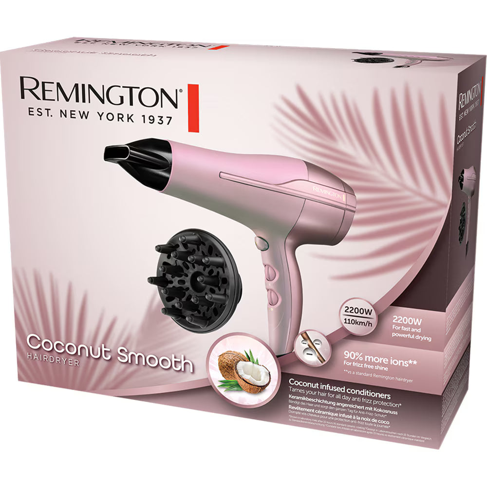 Uscator de par REMINGTON Coconut Smooth D5901, 2200W, 2 viteze, 3 trepte temperatura, roz